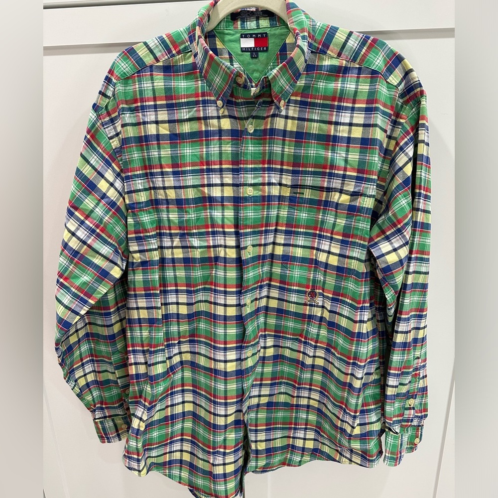 Tommy Hilfiger button down shirt size Large green plaid
